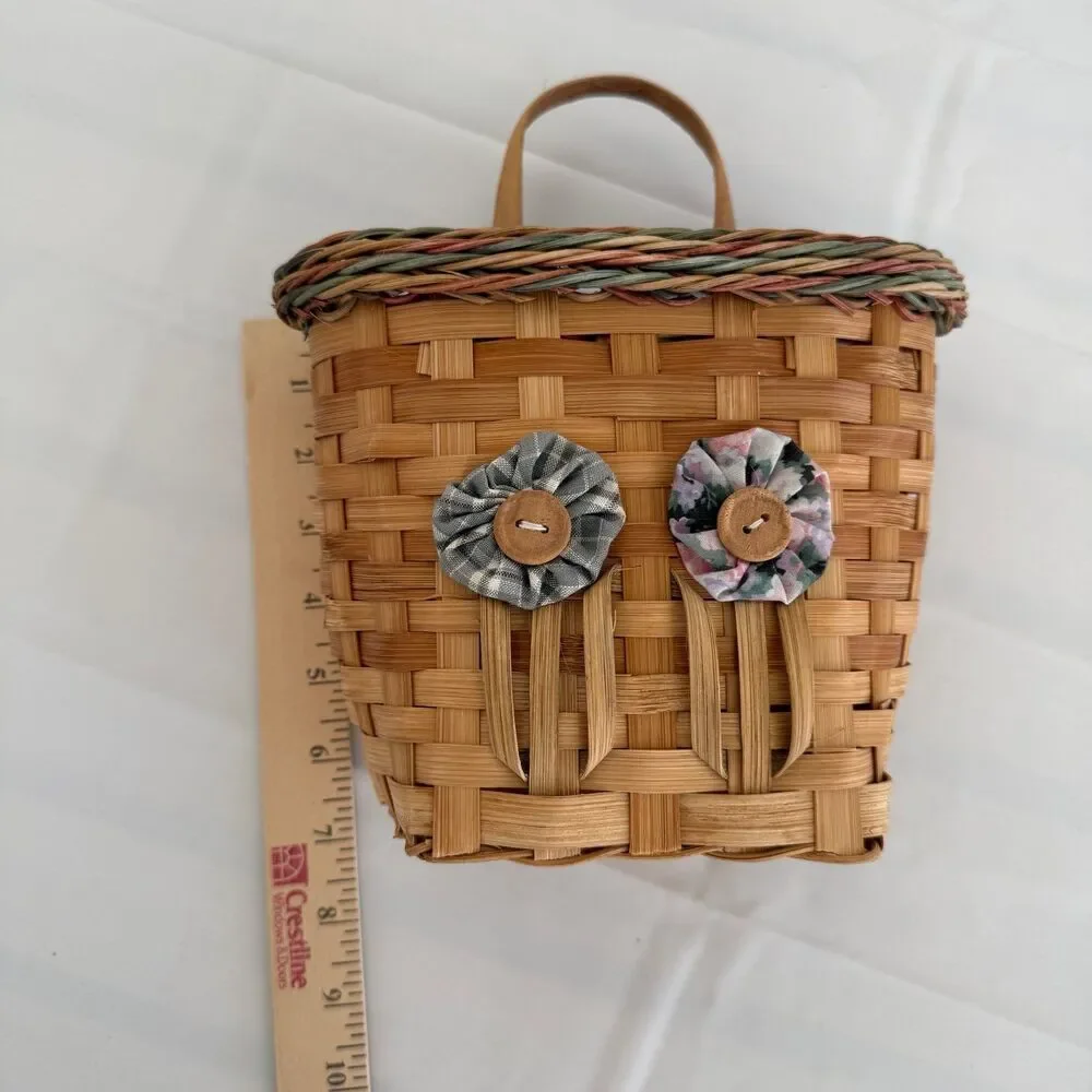 Vintage Woven Hand Made Hanging Wall Door Basket with YoYo Flowers Buttons